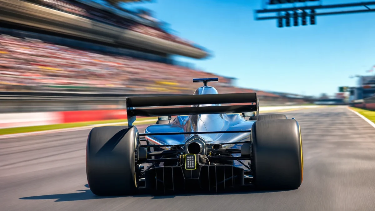 Formel 1-bil med öppnad DRS-bakvinge på en raksträcka.