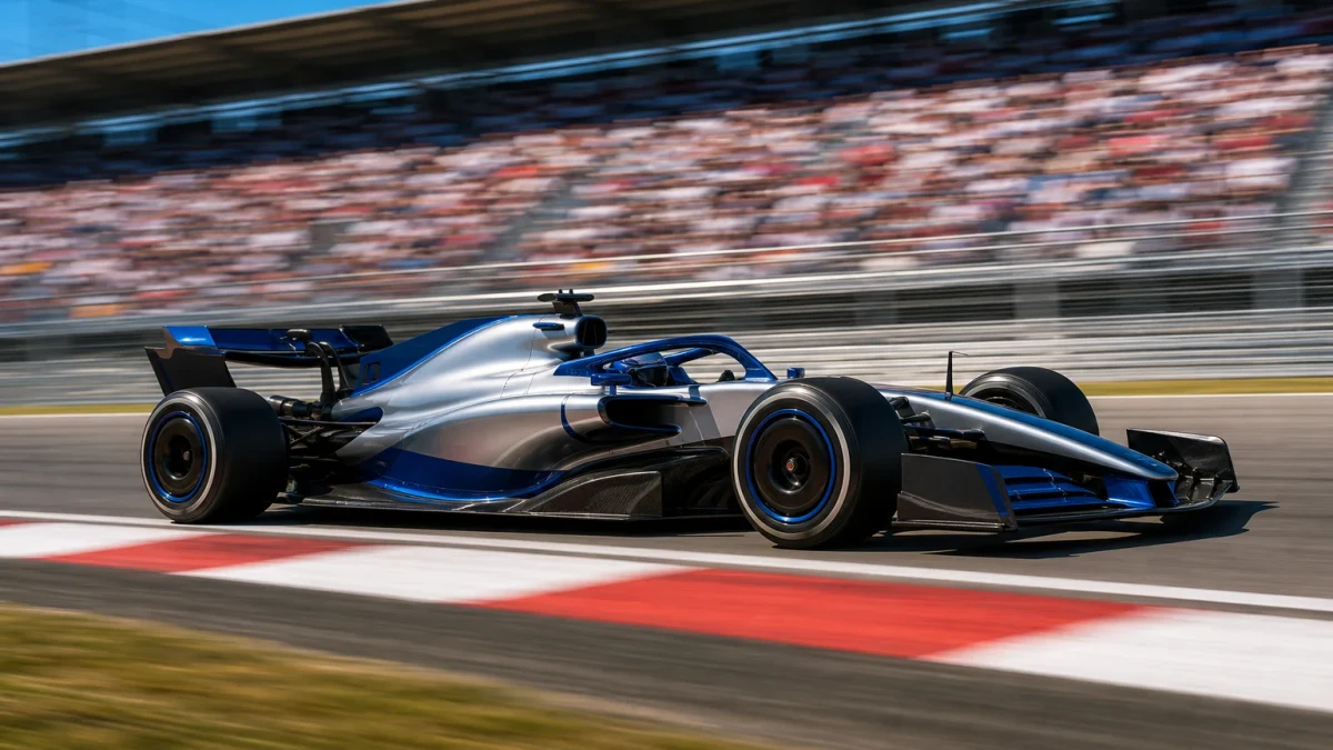 Formel 1-bil av ny generation i profil på en bana, med tydlig hybriddrivlina och justerbara vingar.