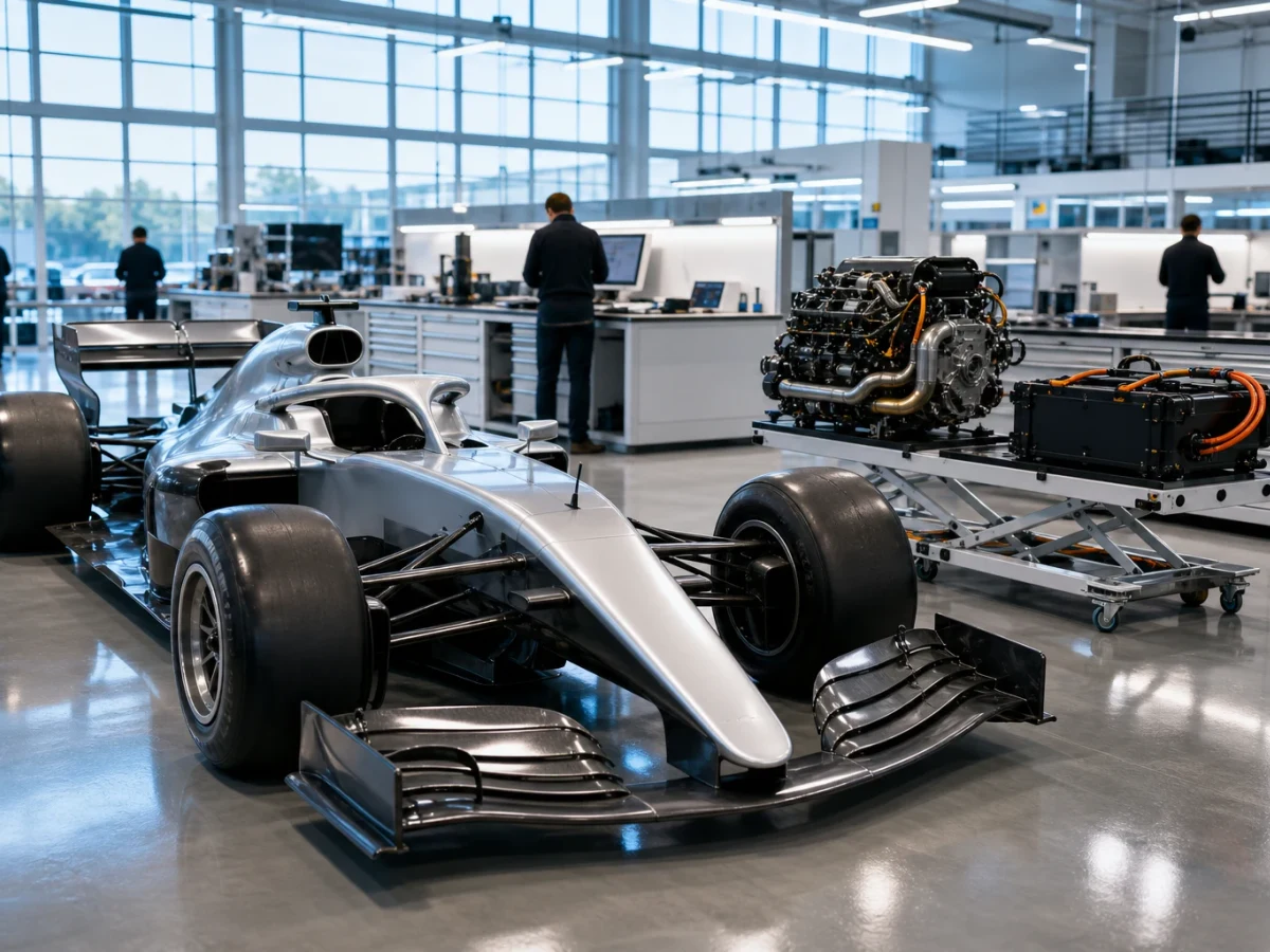 Formel 1-bil i verkstadsmiljö som symboliserar en biltillverkares fabrikssatsning.