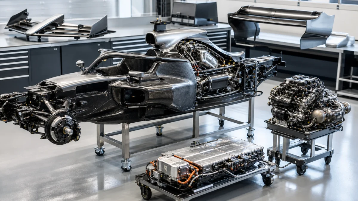 Formel 1-bil delvis isärtagen i ett garage med chassi, motor och vingar synliga.