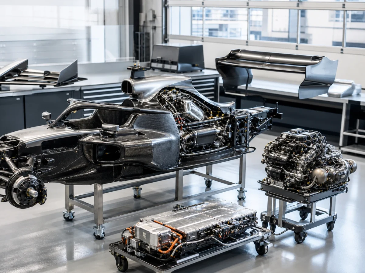 Formel 1-bil delvis isärtagen i ett garage med chassi, motor och vingar synliga.