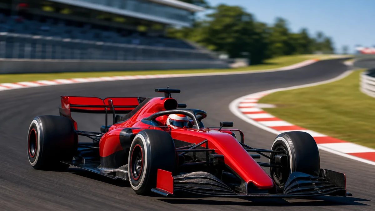 Klarröd formel 1-bil utan synliga sponsormärken på en solig racerbana.