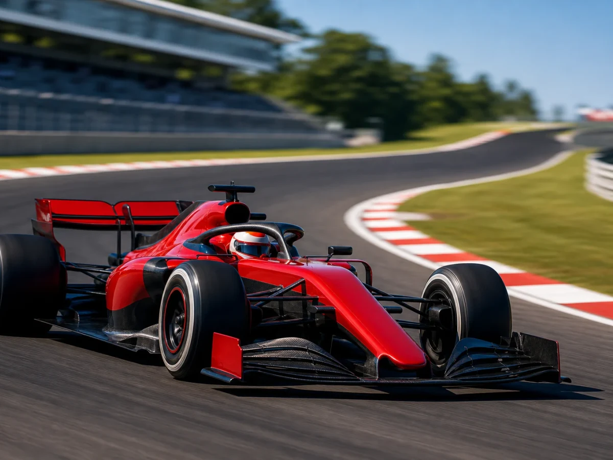 Klarröd formel 1-bil utan synliga sponsormärken på en solig racerbana.