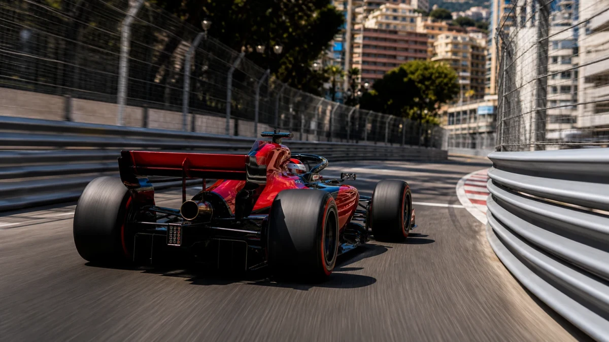 Röd formel 1-bil utan synliga sponsormärken på ett smalt gatlopp i starkt dagsljus.