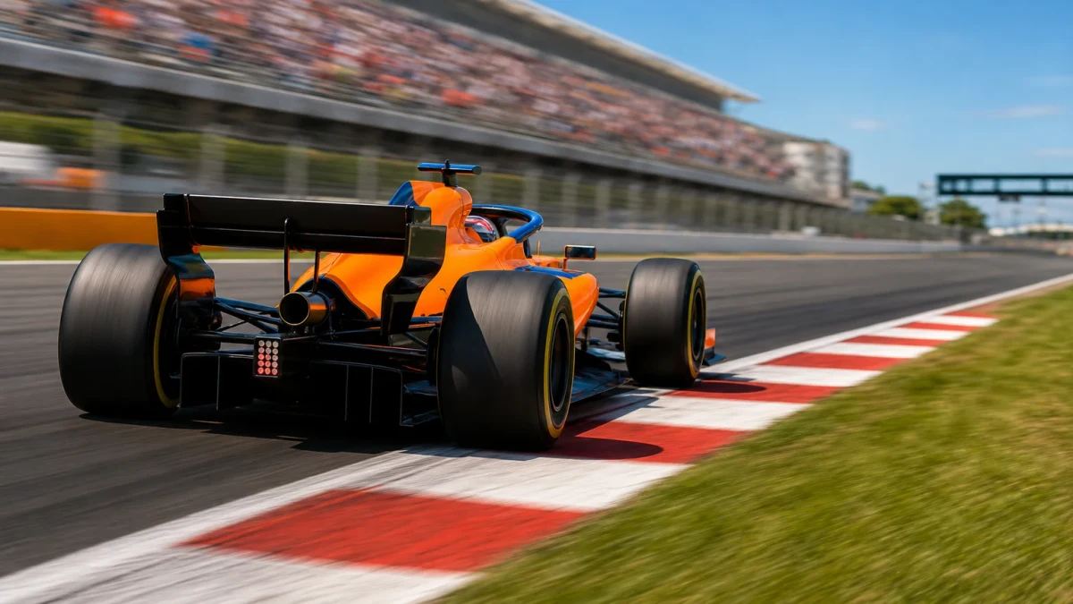 Orange formelbil genom en kurvkombination på en permanent racerbana.