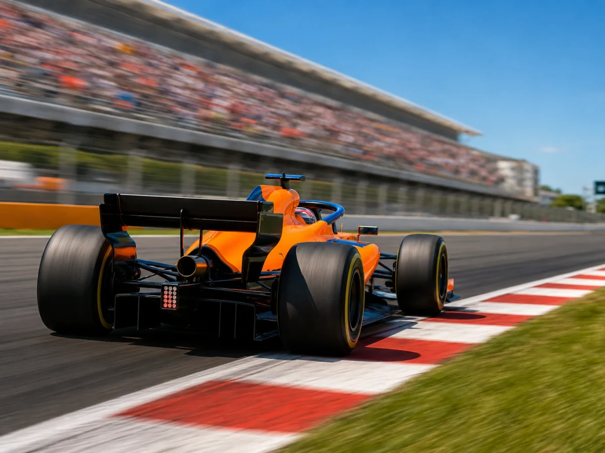 Orange formelbil genom en kurvkombination på en permanent racerbana.