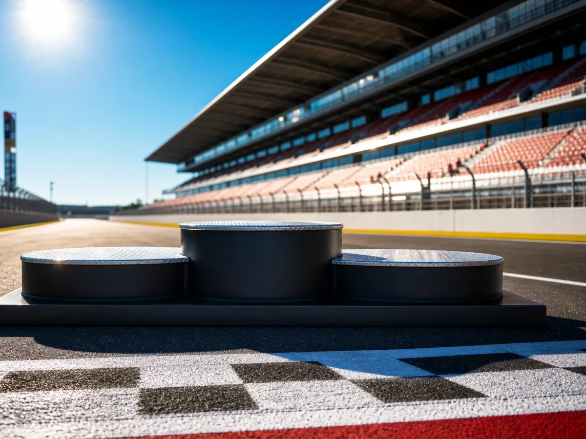 Prispallen på en formel 1-bana med tre tomma pallplatser och läktare i bakgrunden.