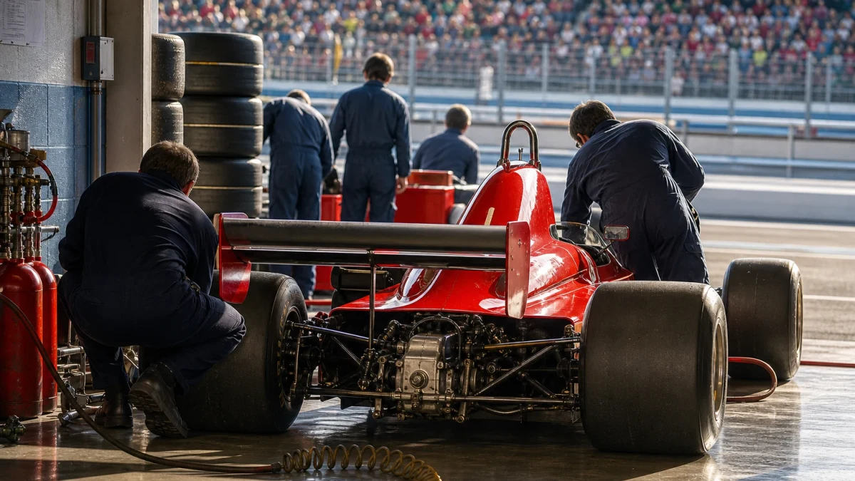 Röd formel 1-bil i en depågata med mekaniker runt bilen i en stämning från 1980-talet.