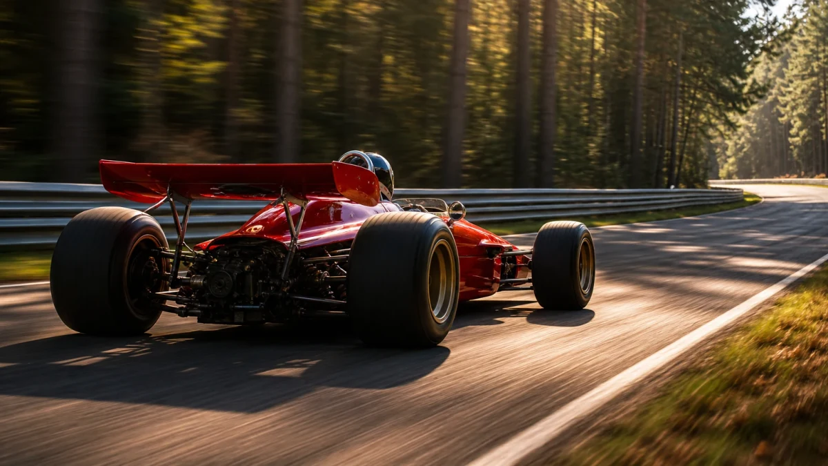 Formel 1-bil i röd lackering på en gammal banbild med skog och gammaldags depåstämning.