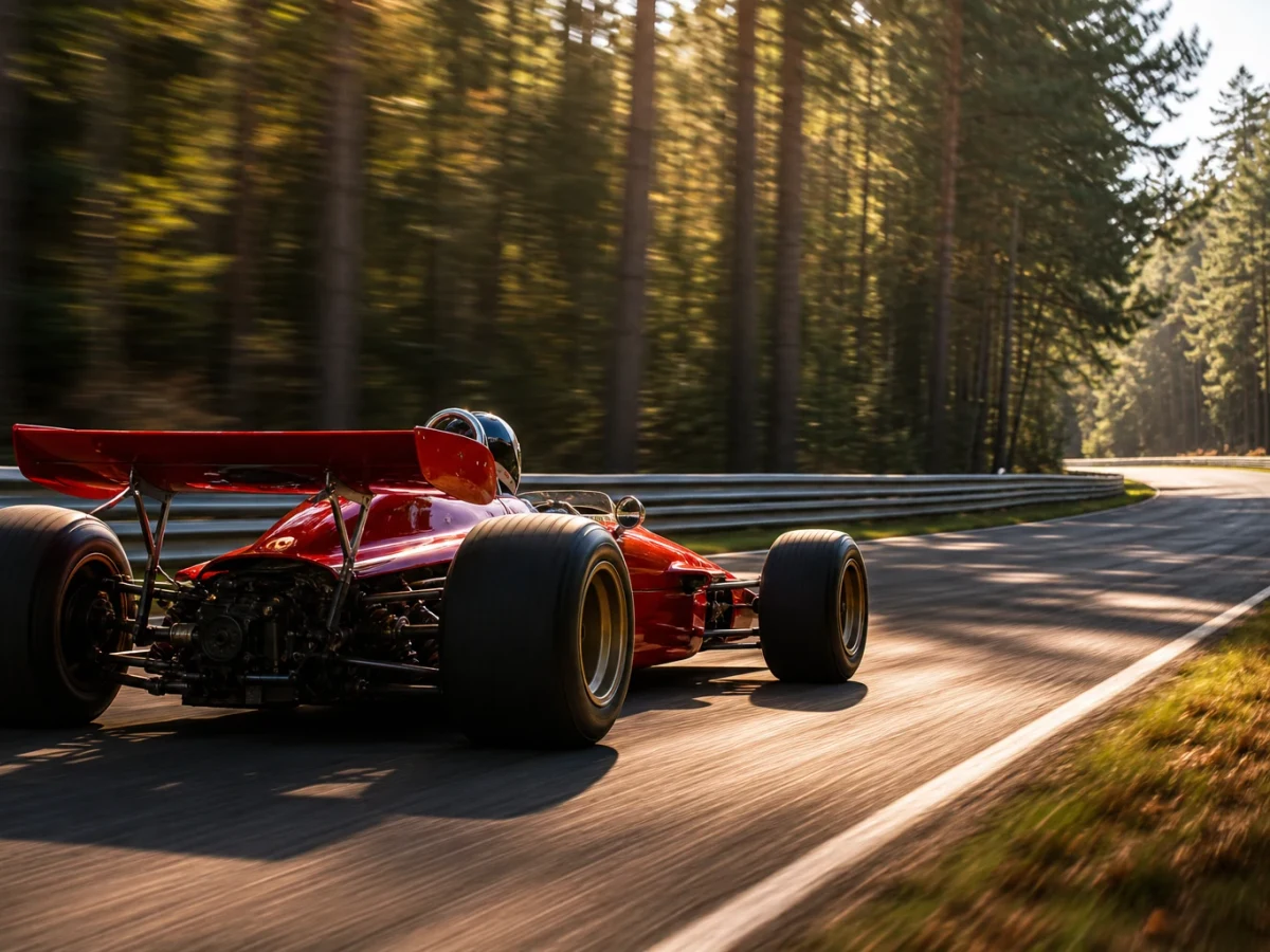 Formel 1-bil i röd lackering på en gammal banbild med skog och gammaldags depåstämning.