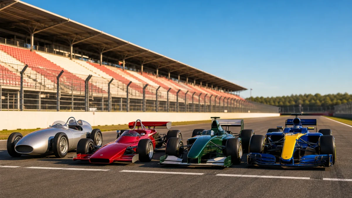 Rad av historiska formel 1-bilar i olika färger uppställda på en startraka.