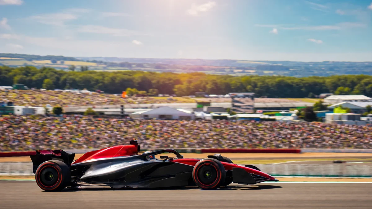 Röd formelbil leder loppet genom en snabb kurva på Silverstone i sommarljus.