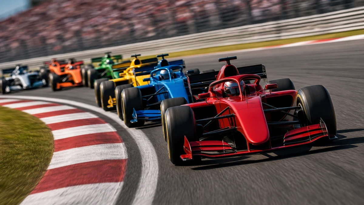 Formel 1-bilar i tät formation genom en kurva under ett grand prix.