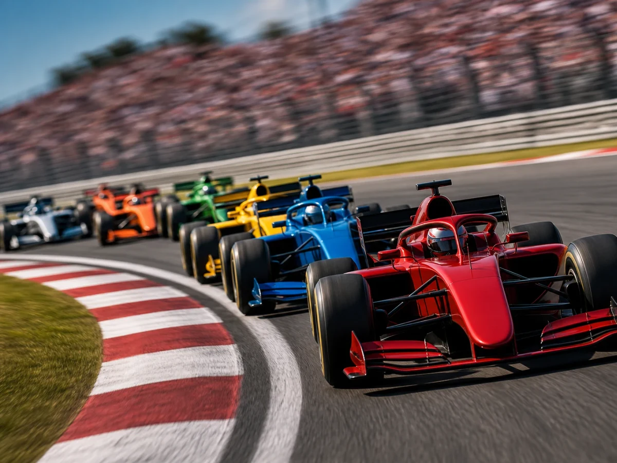Formel 1-bilar i tät formation genom en kurva under ett grand prix.