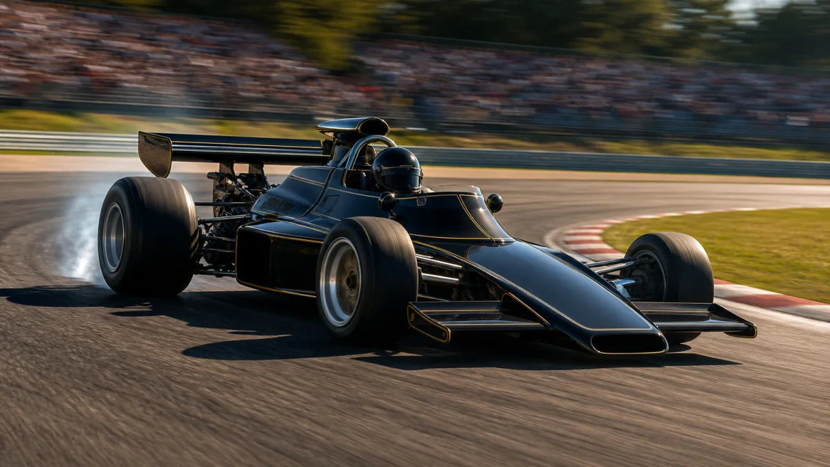 Klassisk svartguldfärgad formel 1-bil från sjuttiotalet i drift genom en snabb kurva.
