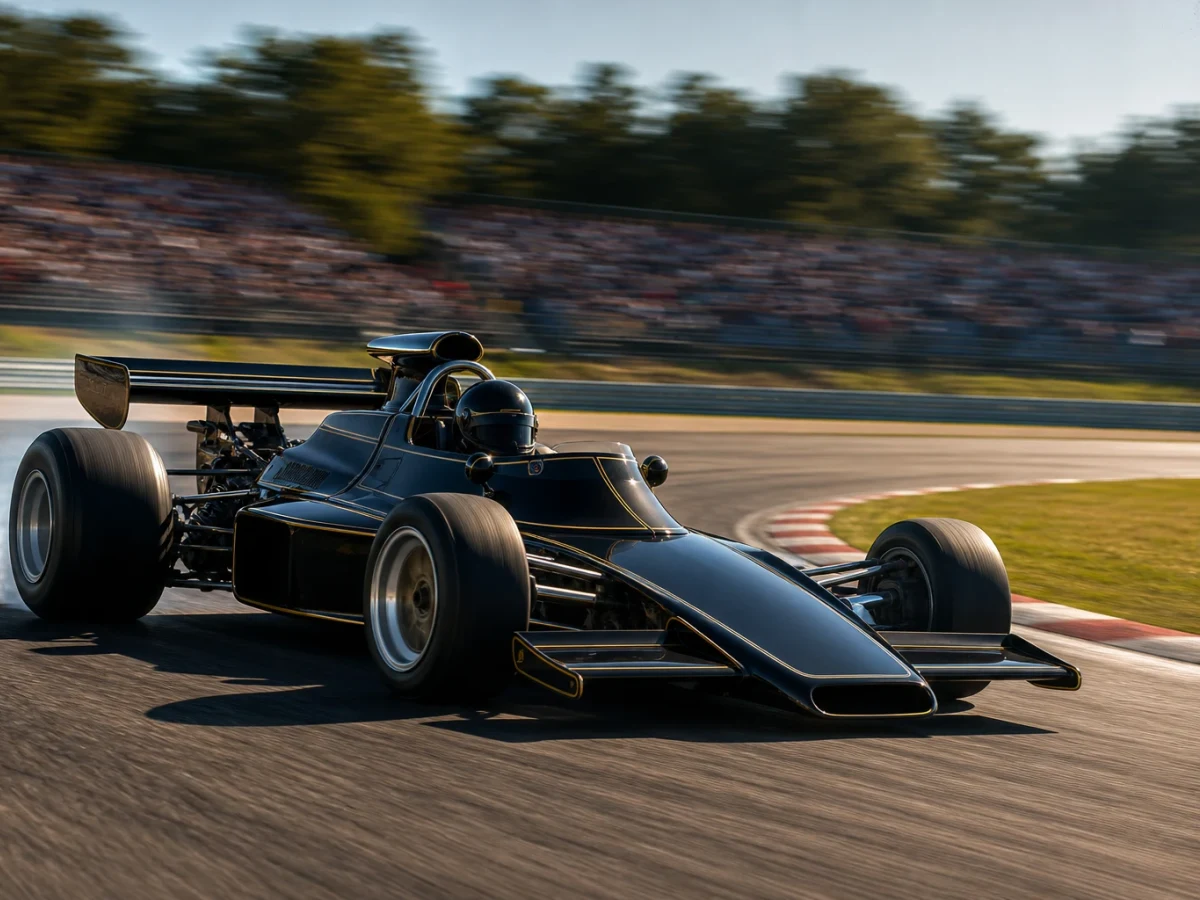 Klassisk svartguldfärgad formel 1-bil från sjuttiotalet i drift genom en snabb kurva.