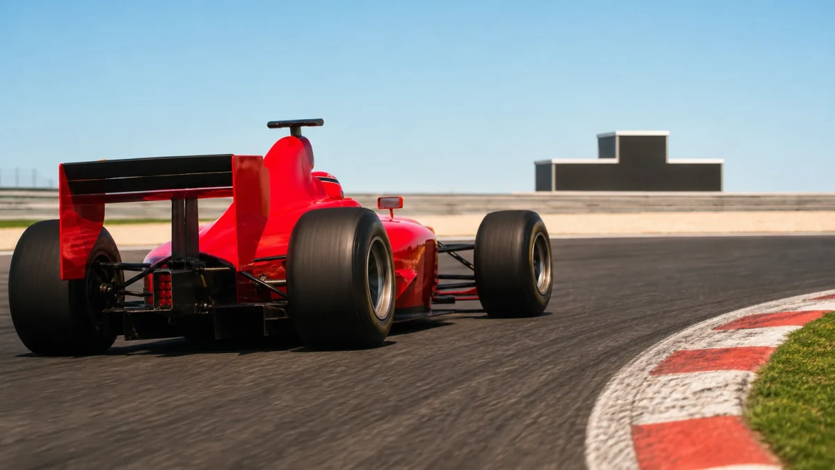 Röd formel 1-bil i klassisk stil på en bana med tomma pallplatser i bakgrunden.