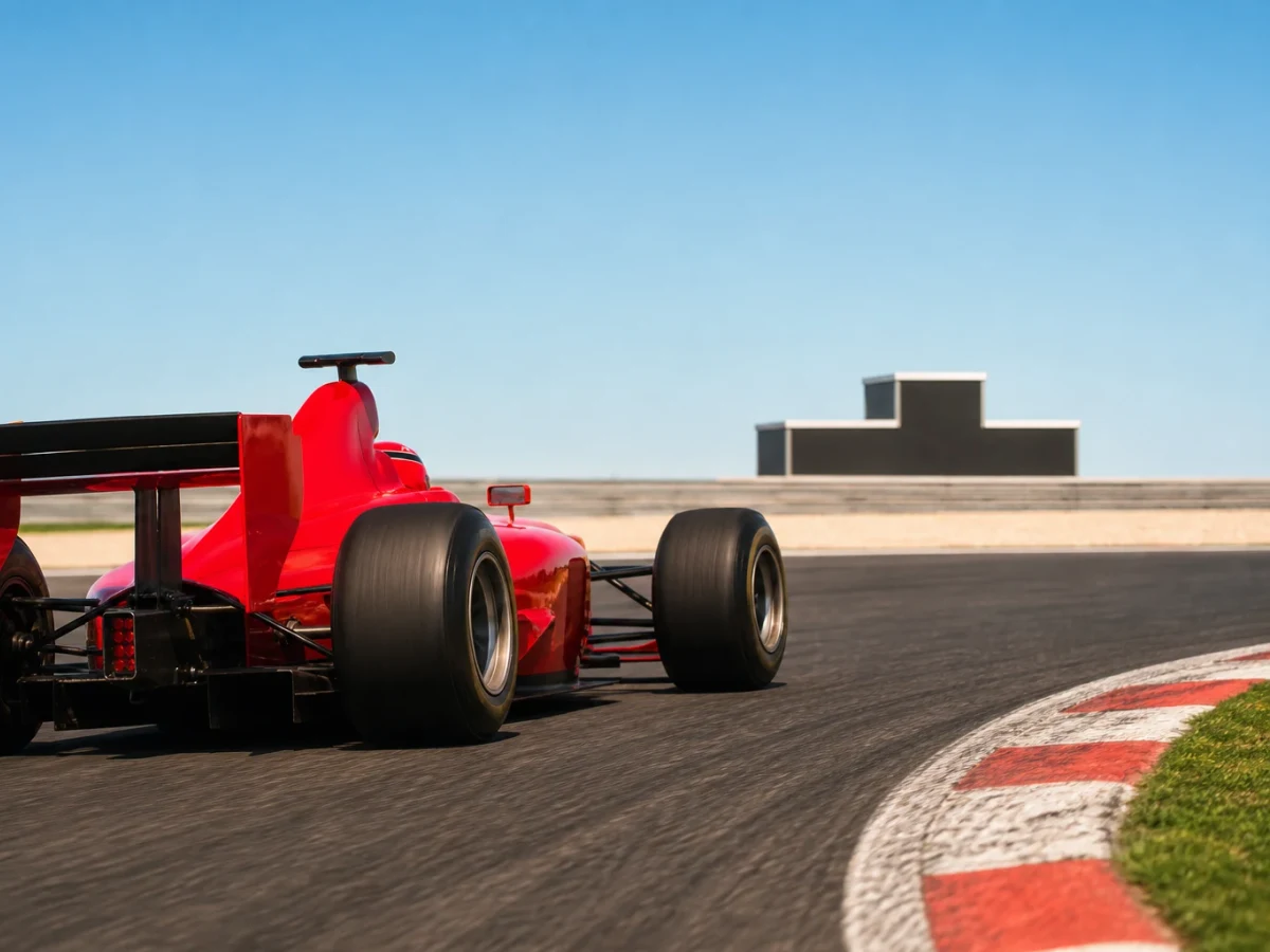 Röd formel 1-bil i klassisk stil på en bana med tomma pallplatser i bakgrunden.