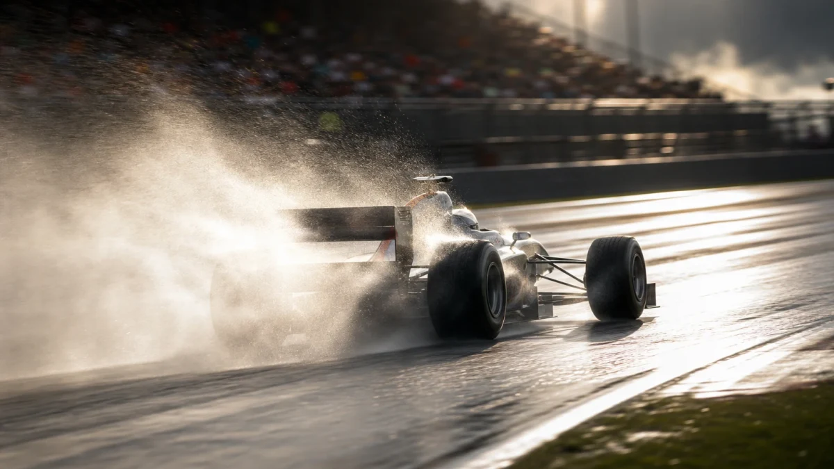Formel 1-bil i regn på en våt bana med vattenspray bakom bakhjulen.