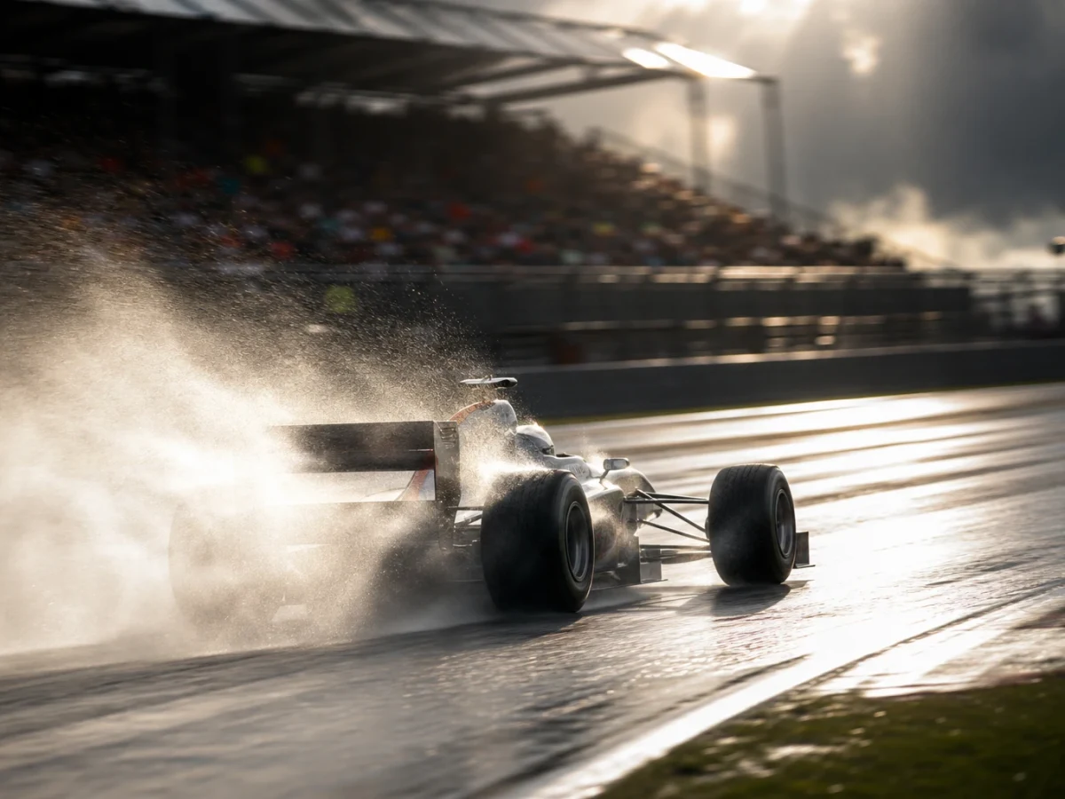 Formel 1-bil i regn på en våt bana med vattenspray bakom bakhjulen.