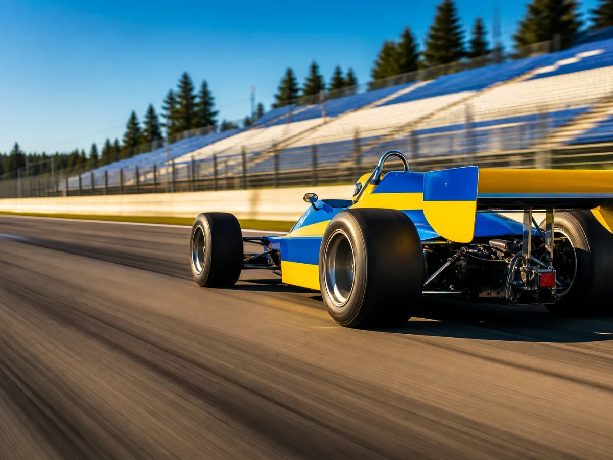 Klassisk formel 1-bil i gult och blått på en bana, symbol för de svenska förarnas arv.